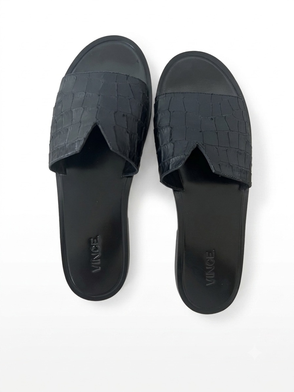 Vince Black Croc‑Embossed Slides – Size 8